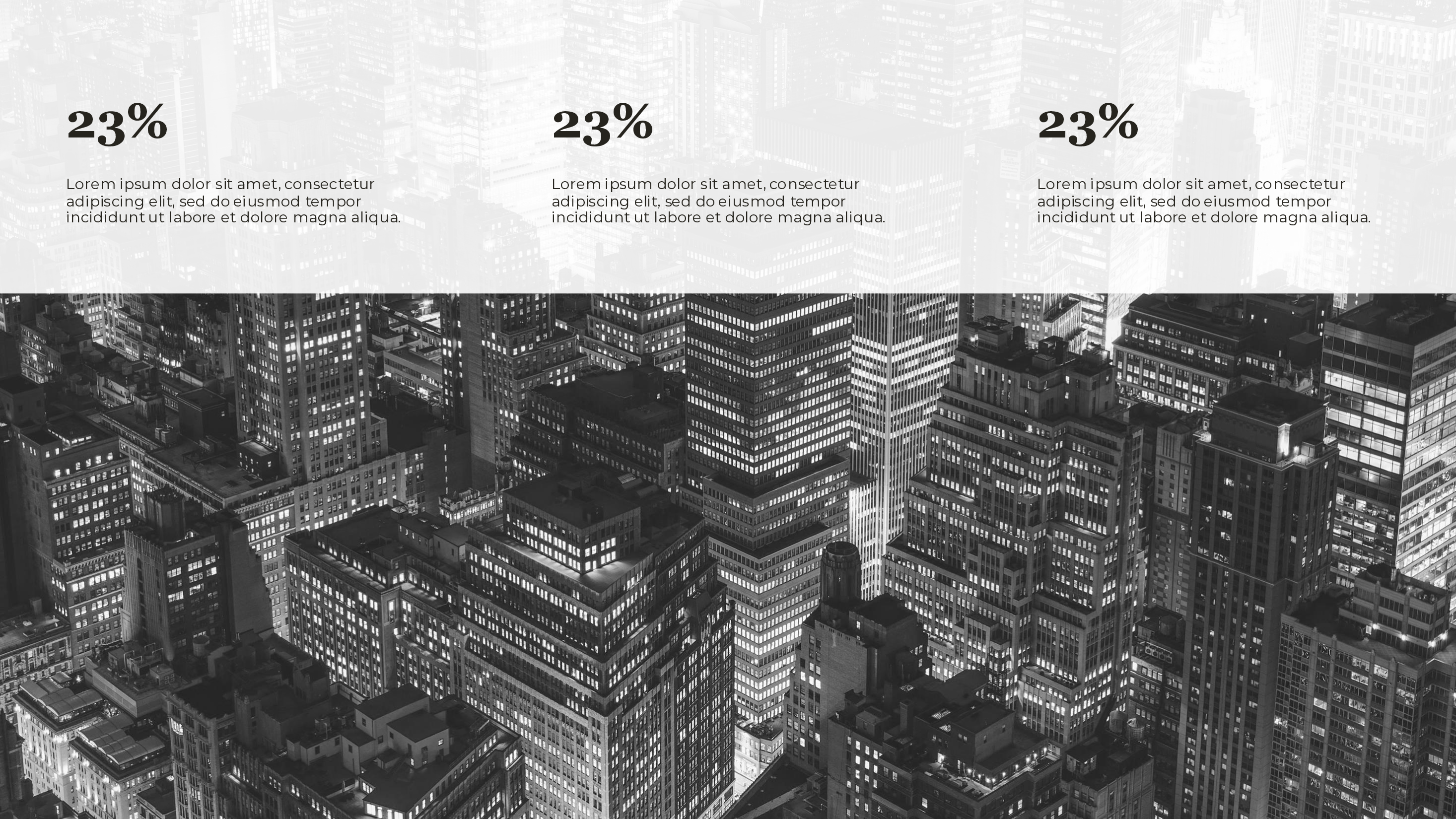Three Statistics Over Cityscape Light PowerPoint template preview