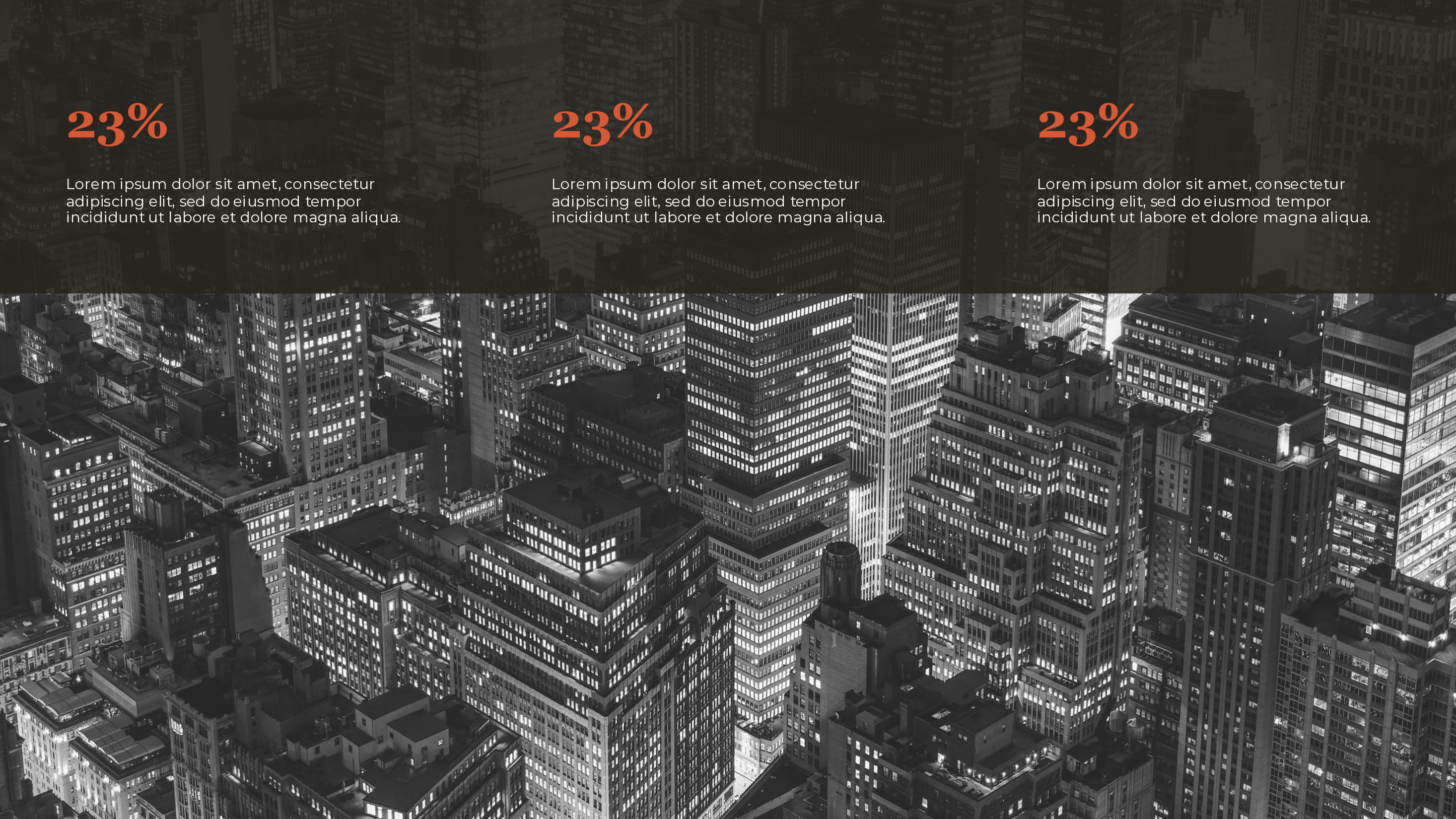 Three Statistics Dark Cityscape PowerPoint template preview